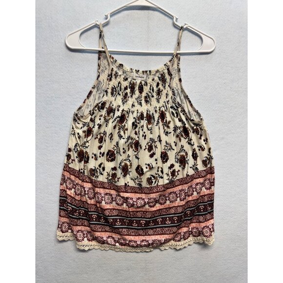 Boho-Style Sleeveless Floral Smocked Tank Top Eyeshadow L Cream/Red Cotton Blend - Picture 1 of 8